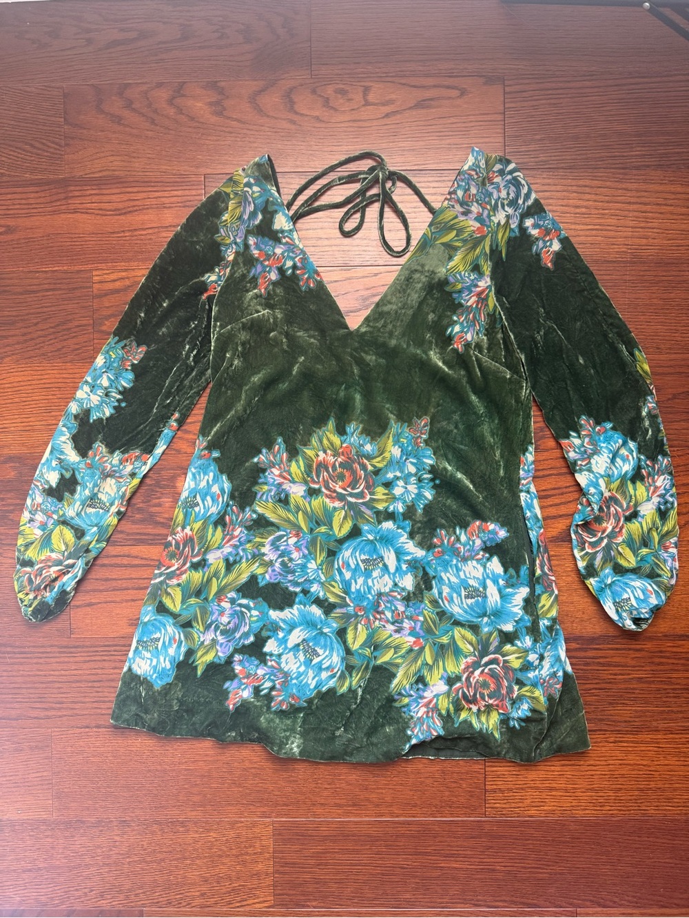Free People Green Floral Velvet V-Neck Dress